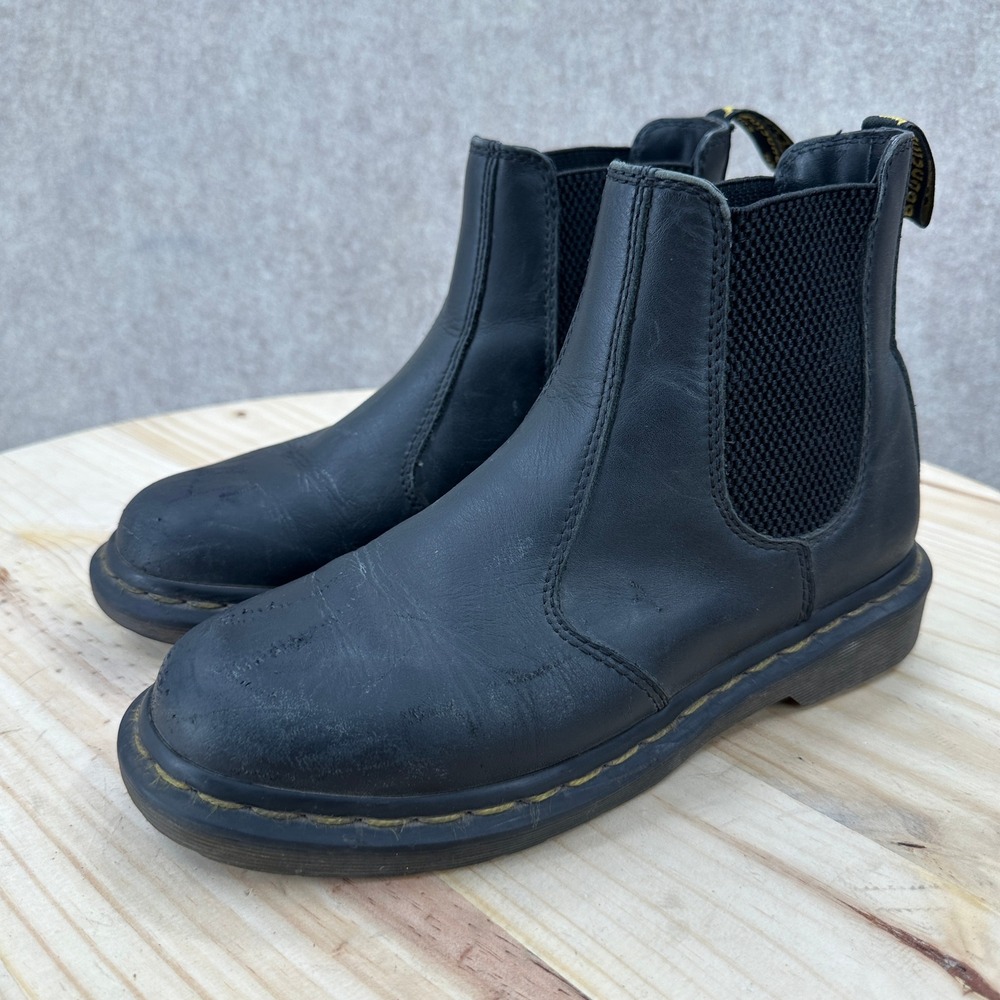 Dr. Martens 2976 Womens 7 Black Leather Chelsea Boots Yellow Stitching Pull On